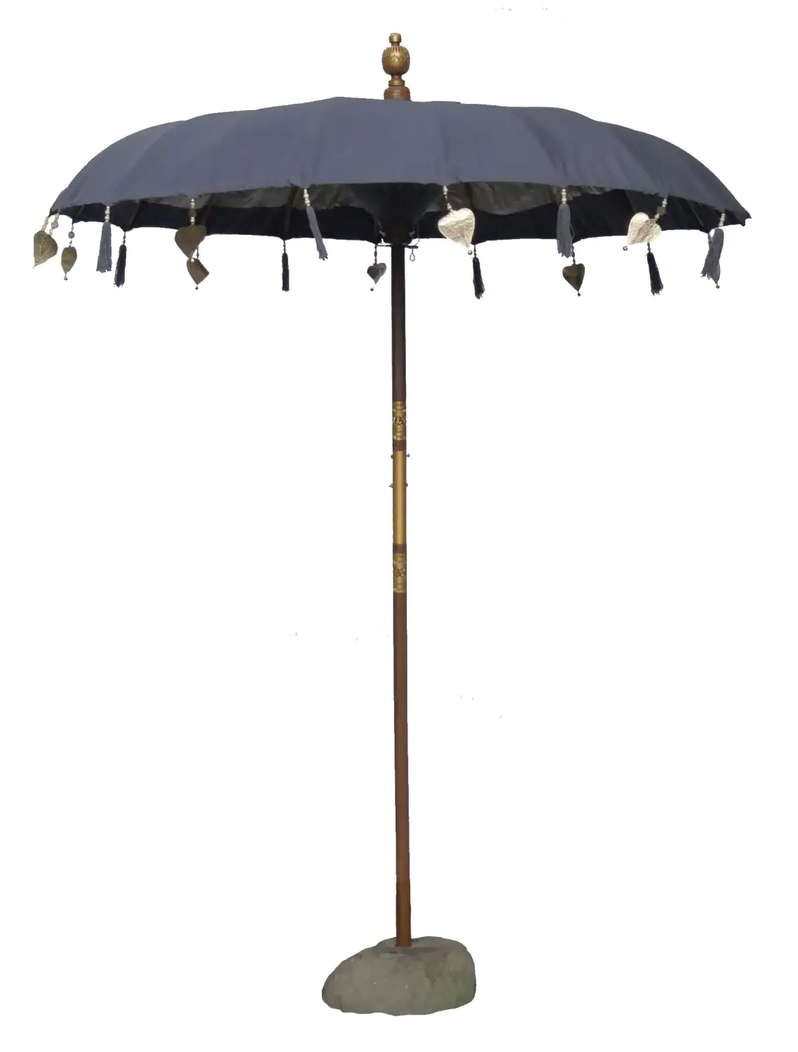  Product image 1 of the product “Bali umbrella, Dark Grey 2 with wooden coins and gold leaves hanging around the edge. Approx. 190cm dia. and 250cm height ”